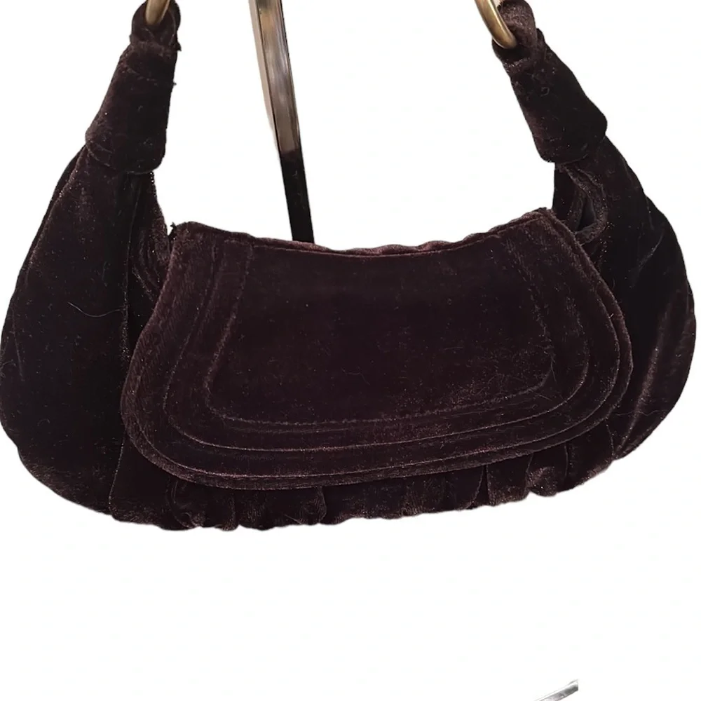Ann Taylor LOFT dark chocolate Brown velvet east west bag gold chain handle